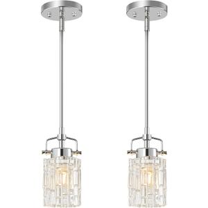 Pressed Glass Pendant Lights Kitchen Island 2-Pack Metal Suspension Pole Chrome Pendant Light Modern Farmhouse Pendant Lighting for Bedroom Bathroom Sloped Ceiling Light Fixture