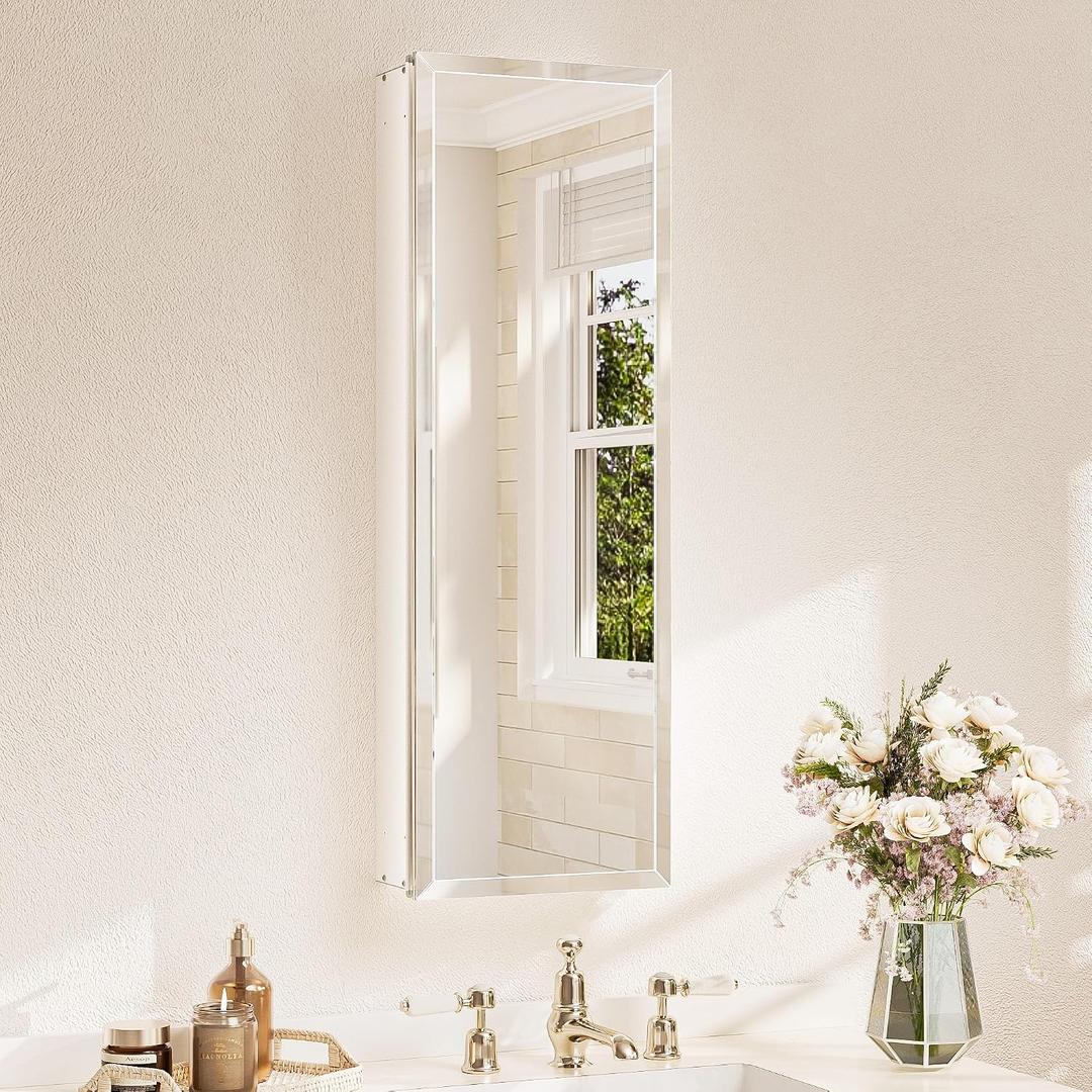 TETOTE 12 x 36 Bathroom Vanity Mirror Cabinet with Tempered Beveled Mirror White Medicine Cabinet Aluminum Cabinet DTC Hinges, Stepless Adjustable Shelves, Recessed/Surface-Mounted