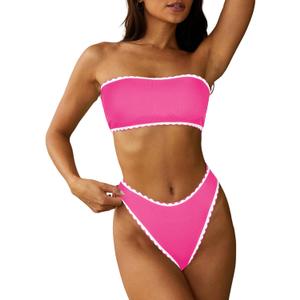 ZAFUL Women Strapless Textured Bandeau Bikini 2 Piece Swimwear Cheeky Solid Lace up Bathing Suits, M