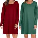 Ekouaer 2 Pack Long Sleeve Sleep Shirts for Women Soft Night Shirts Pullover Nightgowns Comfy Night Gowns Dress S-3XL (Medium, Wine Red&evergreen)