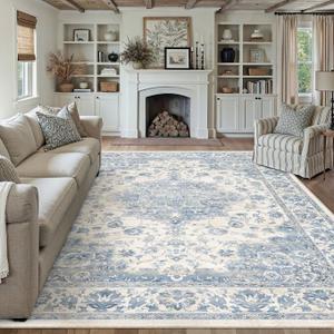 PureCozy Washable 8x10 Area Rug for Living Room Light Blue Vintage Large Rug Non-Slip Soft Low Pile Carpet Floral Stain Resistant Indoor Office Throw Rug for Bedroom Dining Room Nursery