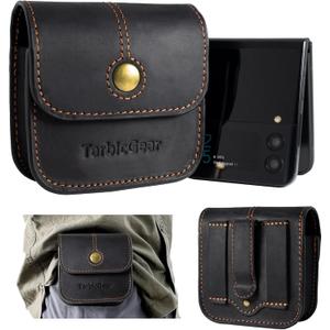 Flip Phone Holster for Motorola Razr, Samsung Z Flip 5/4/3 Series, Black Leather Belt Clip Case with Card Holder & Magnetic Closure (L (Inner: 3.9 x 3.3 x 1.18'') - Black)