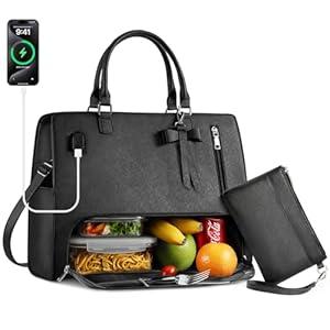 Lunch Tote Bag for Women 2 in 1 Laptop Work Bag with Lunch Insulated Compartment and Purse Combo Waterproof PU Leather 15.6 Inch Computer Crossbody and Shoulder Bag for Daily, Office, Picnic Black