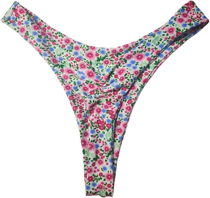 SherryDC Womens Cheeky Thong Brazilian Bikini Bottoms Sexy High Cut Leg Swimsuit Bottom Ruched Butt Bathing Suit Briefs (Medium, 886-rose-red Flowers)