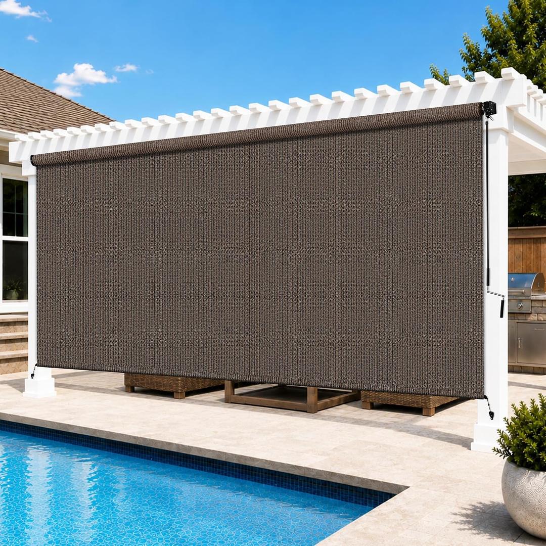 10'W x 8'H Mocha Outdoor Roller Shade with Crank Wand Patio Shades Roll up, UV Blocking & Privacy Protection, 120"W x 96"H