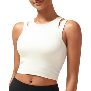 RUNNING GIRL Sports Bras for Women High Impact Seamless Ribbed Longline High Neck Workout Crop Tank Tops Padded L