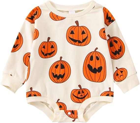 Baby Halloween Outfit Boy Girl Pumpkin Patch Sweatshirt Romper Sweater Shirt Cute Newborn Toddler Clothes, Size 90