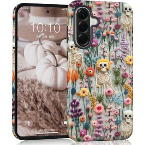 Halloween Skull Case for Samsung Galaxy A56 5G, Aesthetic Cute Flower Skeleton Phone Case Hybrid 2-Layer Hard Shell Shockproof Design Protective Cover