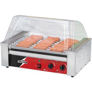 CROSSON Hot Dog 9 Roller Grill Cooker Machine with Transparent Sneeze Guard,9 Nonstick 304SS Rollers and Dual Temp Control,Commercial Hot Dog Cooker Machine-120V, 1350W