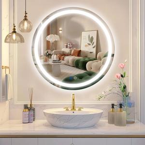 Beelux 24" Round LED Bathroom Mirror with Lights,Lighted Bathroom Vanity Mirror for Wall Anti-Fog, Dimmable, Backlit Memory Function, Waterproof, Tempered Glass,3 Colors Adjustable (24"L x 24"W)