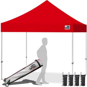 Eurmax USA 10x10ft Pop Up Canopy,Commercial Instant Tent for Outdoor Events,Patented No-Tip Rolling Storage Bag with 4 Sandbags,UV & Water Resistant,Heavy Duty Portable Shelter Gazebo,Red