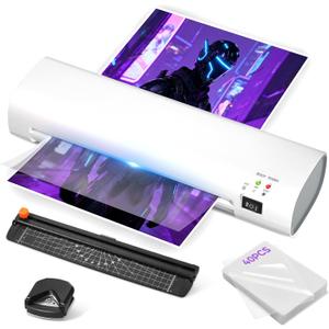 A4 Thermal Laminator Machine 9 Inch Portable, Anti-Jam Laminator with Built-in Trimmer & Corner Rounder, Complete Laminating Kit with 40 Sheets for Home, Office, School, Business White