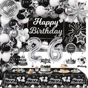 26th Birthday Decorations Set for Man Women,Black Silver Happy 26 Birthday Party Supplies with Birthday Backdrop Banner Birthday Tablecloth 26 Number Balloons for Her Him