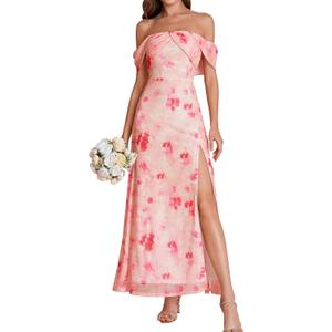 HTZMO Off Shoulder Floral Wedding Guest Maxi Dress Sexy Slit Summer Party Elegant Long Dresses for Women 2026 (Pink, XS)