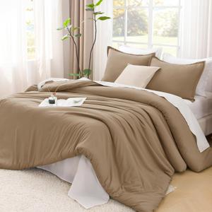 Litanika Taupe Comforter Set Full Size, 3 Pieces Solid Bedding Comforter Set, All Season Fluffy Bed Set (79x90In Comforter & 2 Pillowcases) (Amber Brown)