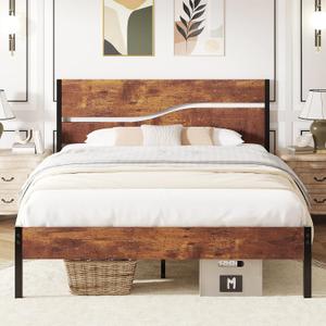 VECELO Full Size Bed Frame with Headboard Wood, Solid and Strong Metal Platform Support, No Box Spring Needed (Rustic Brown)