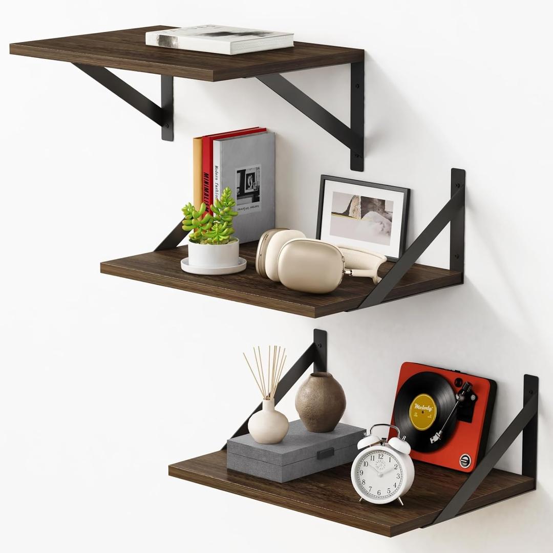 Forbena 12 Inch Deep Floating Shelves for Wall Set of 3, Heavy Duty Wall Shelves for Kitchen Laundry Room Storage, Rustic Wood Floating Shelf for Bedroom Living Room Plants Books (Dark Brown)