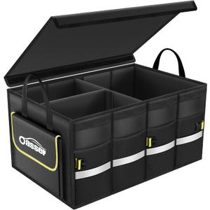 Oasser Car Trunk Organizer, Collapsible Waterproof Multi Compartments Car Storage Organizer with Foldable Cover Reflective Strip (Standard, Black)
