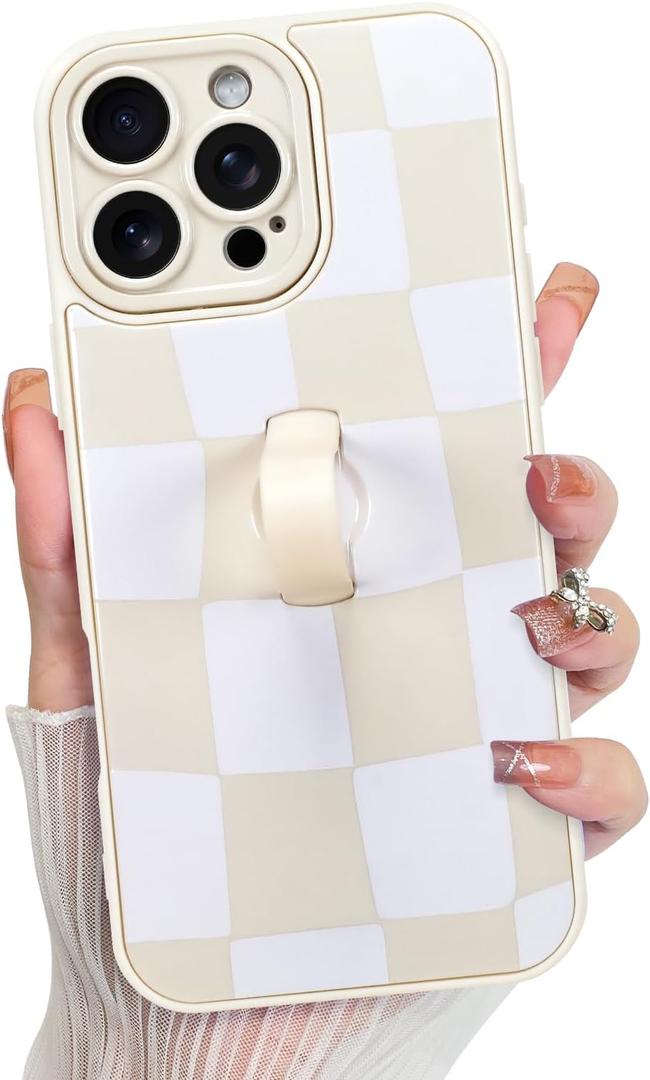 KANGHAR Compatible with iPhone 16 Pro Max Case, Silicone Checkered Cute Pattern, Wristband Kickstand Camera Protection Soft Slim Cover for Girls Women -White