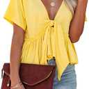 Fanway&EC Women's Short Sleeve V Neck Blouses Ruffle Hem Tie Front Crop Tops Lightweight Basic Summer Tops (X-Large, Yellow)