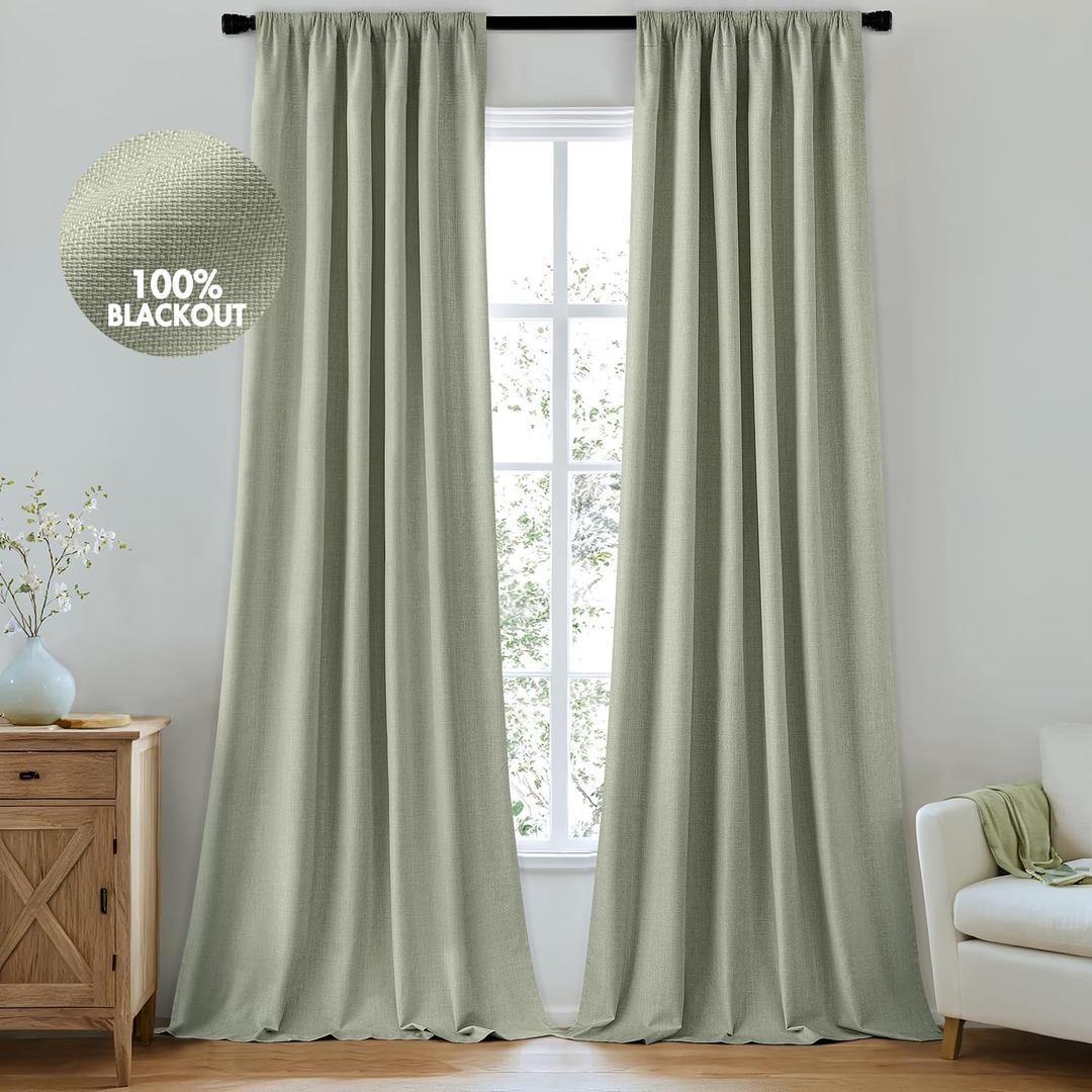 MIULEE 100% Blackout Curtains 96 Inch Long 2 Panels for Bedroom, Thick Black Out Curtain Room Darkening Back Tab Pleat Floor to Ceiling Window Drapes with Hooks for Living Room, Sage Green