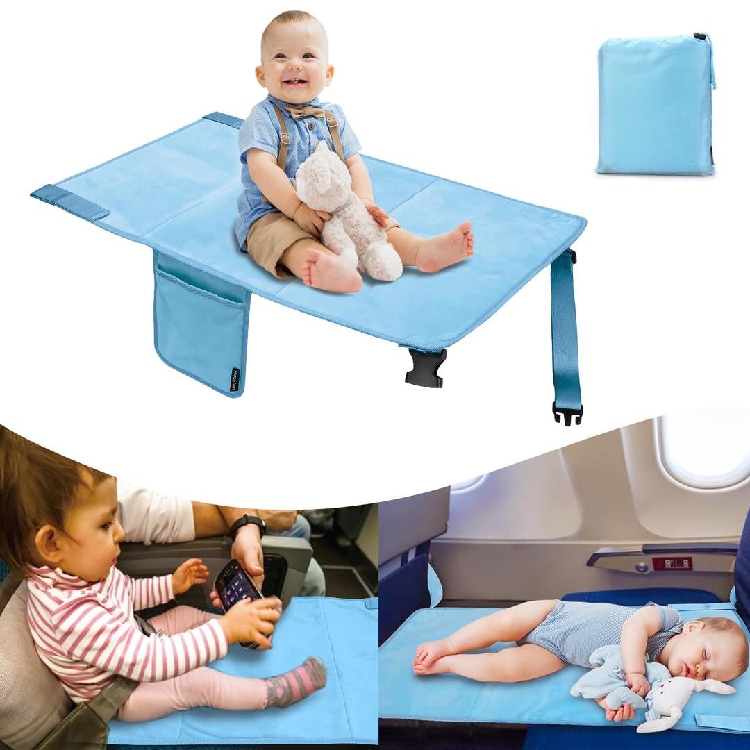 Happy Nest Toddler Airplane Bed & Airplane Seat Extender for Kids - Portable Foot Rest for Children Flights, Soft Velvet Toddler Plane Bed, Lightweight Machine Washable Travel Essentials (Blue)