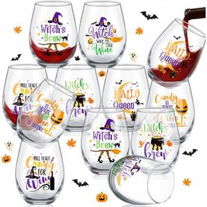 Maxcheck 12 Pcs Halloween Stemless Glasses 15oz Witches Glasses Hallo Queen Drinking Ice Coffee Beer Beverages Clear Tumbler Cup Halloween Gifts for Women Men Party Event Decorations