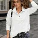 Womens Plush Fleece Henley Sweatshirt Convertible High Neck and V Neck Pullover (White, M)