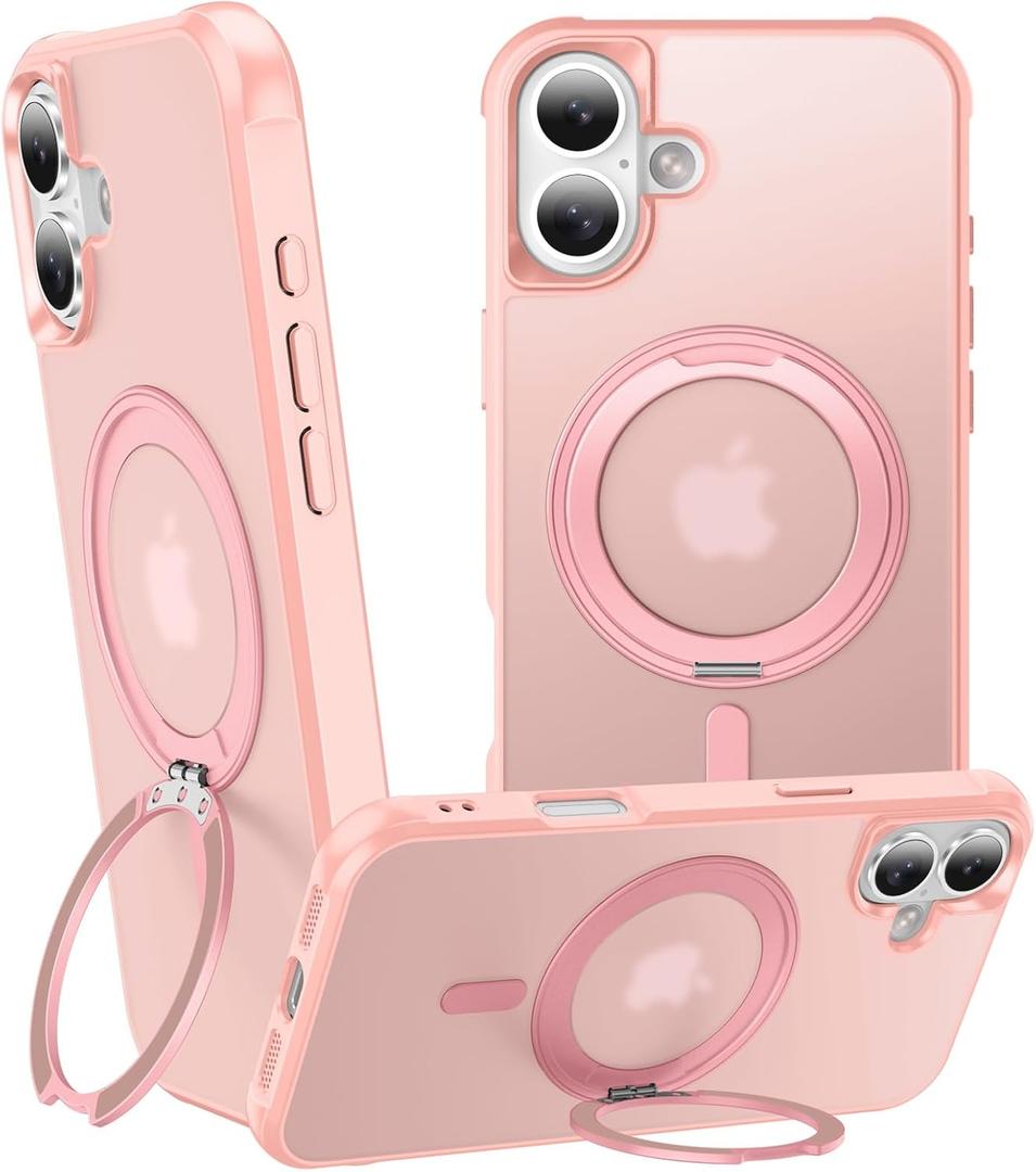 360 Magnetic Swivel Ring for iPhone 16 case, Built-in Metal Stand and Ring Holder, Magsafe Compatible, Military Grade Protection, Shock and Vibration Resistant - Pink