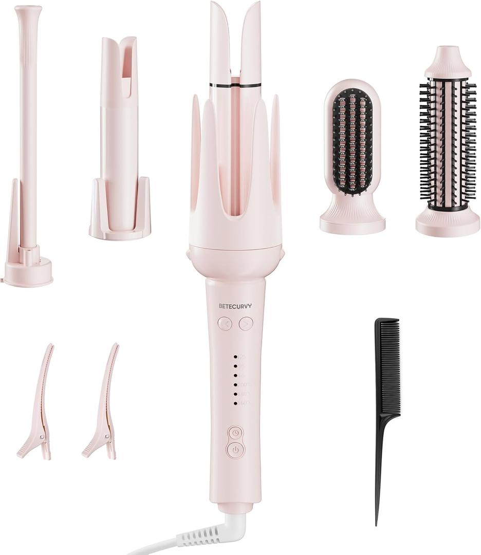 5 in 1 Automatic Curling Iron Set with Interchangeable Ceramic Barrels, Straightening & Volumizing Brush, 3 Temp & Timer, Fast Heating Dual Voltage 0.5/1/1.25 Inch Set
