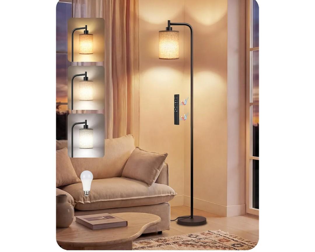 Dimmable Floor Lamp for Living Room with Remote and Foot Switch, Modern Standing, Corner Lamp,10W Bulb 3 Color Temperatures, for Bedroom, Office, Corner, ETL Listed, Black and Beige E19LD05