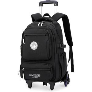 Black Rolling Backpack for Boys Middle Junior School Kids, Boys Backpack with 6 Wheels, Black