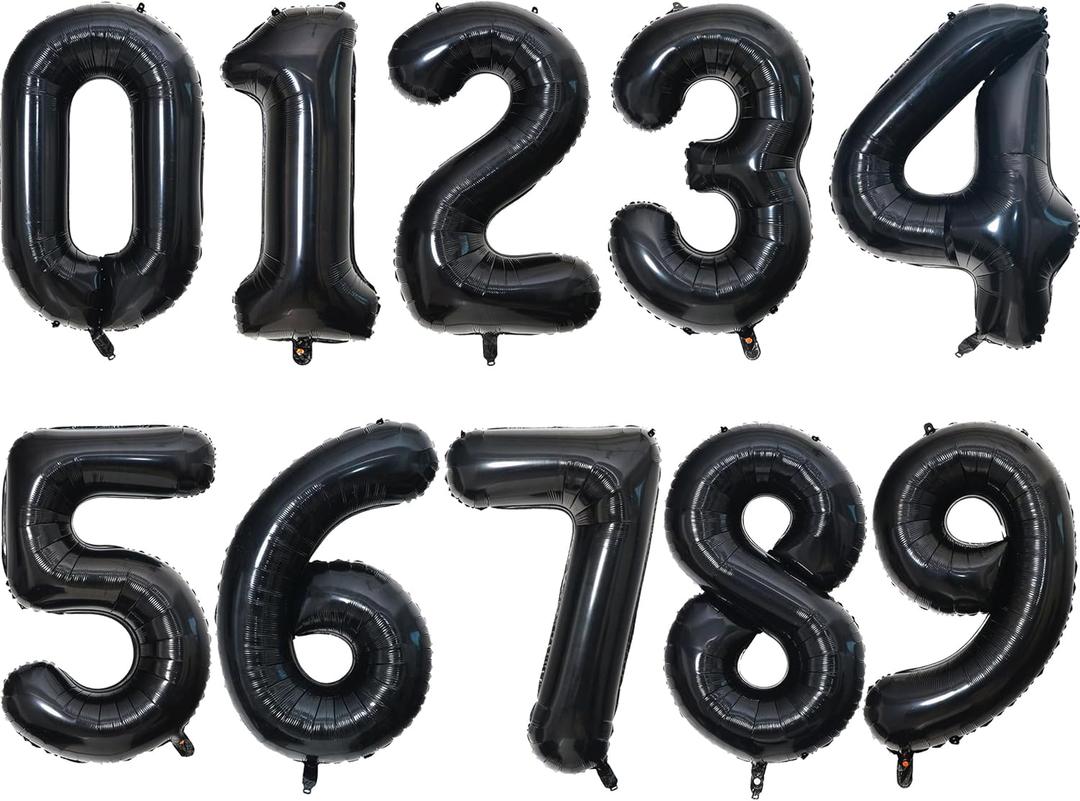 10 Pcs Number Balloons 32 Inch Black 0-9 Number Mylar Foil Balloons Black Custom Digital Balloons for Birthday Party Engagement Graduations Anniversary Baby Shower Decor Party Supplies
