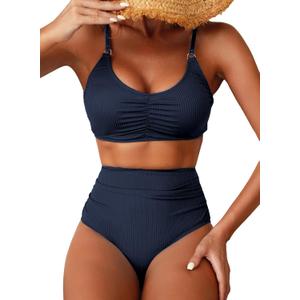 Herseas Women's Loop Straps Bikini Sets 2 Piece Shine Ribbed Swimsuits Ruched High Waisted Bathing Suits (Blue, XL)