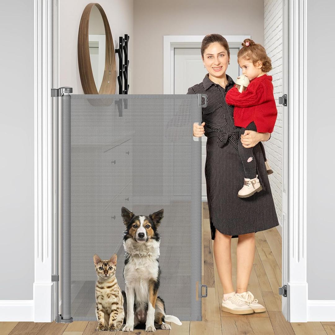 48 Inch Extra Tall Dog Gate, Extends to 55" Wide, Extra Tall Retractable Baby Gates for Doorways Pet Gate Indoor Mesh Cat Gate - Upgraded Height to Prevent Jumping Over, Gray