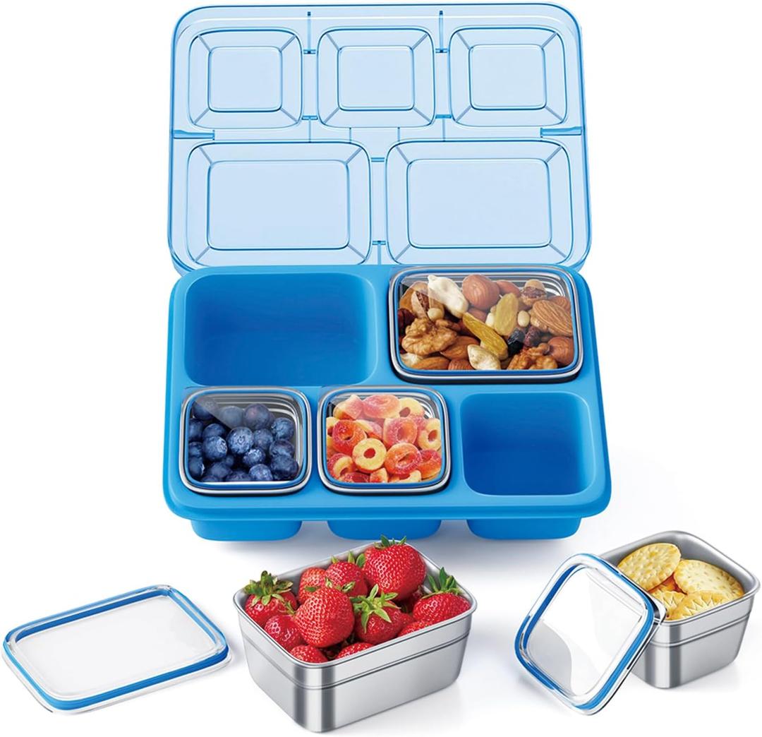 Freshmage Stainless Steel Snackle Box Container, 5 Compartment Lunch Bento Box, Reusable Food Storage Snack Box for School, Work, and Travel, BPA Free and Dishwasher Safe, Blue (1 Pack)