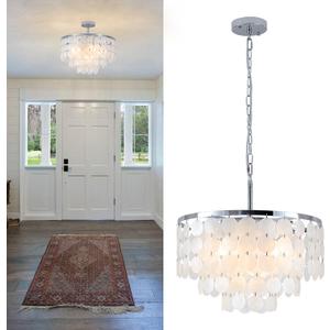 17.72" Capiz Shell Chandelier, 5 Light Chrome Dining Room Light Fixture, Modern Natural Coastal Seashell Chandeliers for Living Room Bedroom Foyer Bathroom (White Seashell Lighting Fixtures)