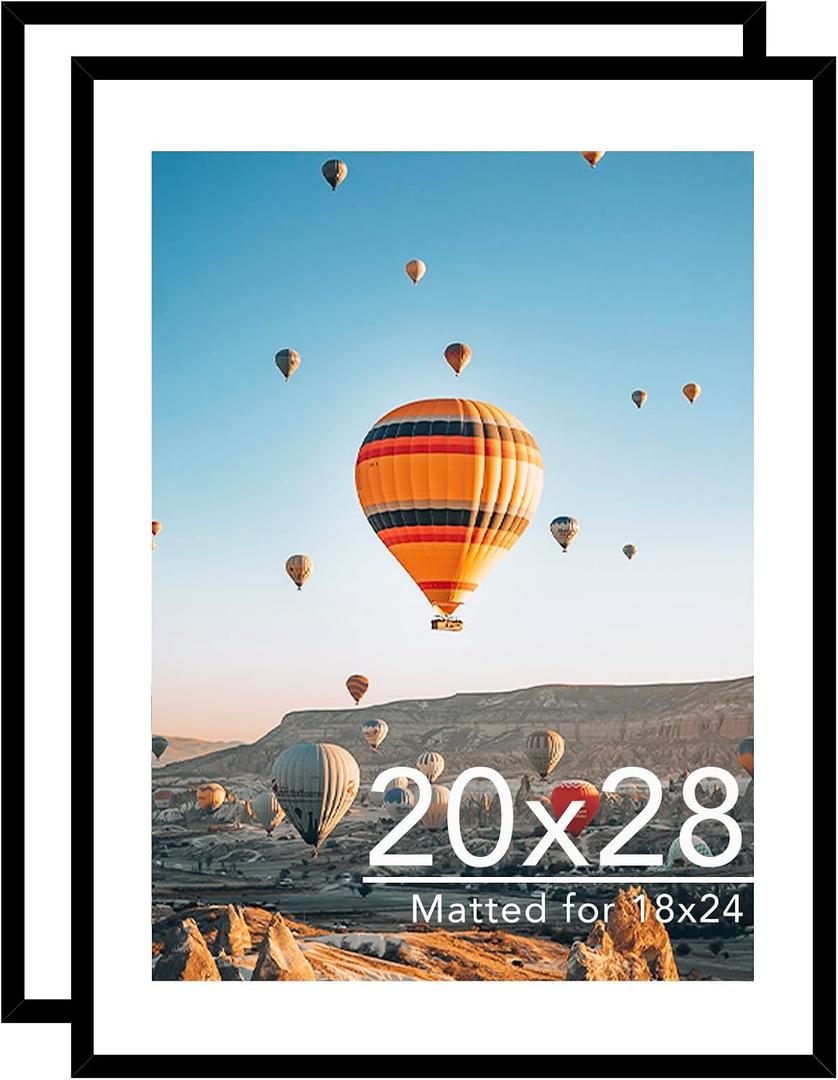 JCJMY 20x28 Picture Frame with 18x24 Mat Set of 2, Display Photo 18x24 with Mat or 20 x 28 Without Mat, Wall Hanging Large 20 by 28 Poster Frame with Plexiglass, 2 Pack, Black