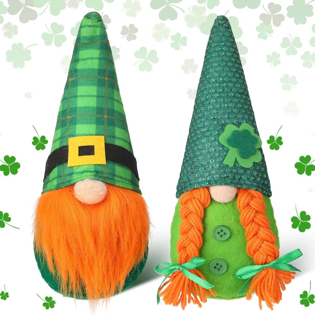 Sumind 2 Pack St. Patrick's Day Gnome Decoration Green Irish Saint Leprechaun Tomte Plush Gnomes Doll Dwarf Felt Shamrock Gnome for Tiered Tray Home St. Patrick's Day Decor Ornaments(Lovely Style)