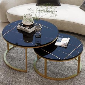 Round Coffee Table Nesting Tables Set of 2, Large : Ø 34.0", Small : Ø 26.0", Modern Design Coffee Tables for Living Room, Gold Metal Frame Circle Cocktail Table, High Glossy Faux Black Marble