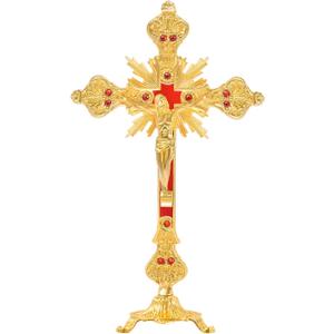 Metal Standing Crucifix  Beautiful Golden Tabletop Catholic Jesus Cross for Home Chapel Decoration and Religious Gifts(Golden-Red)