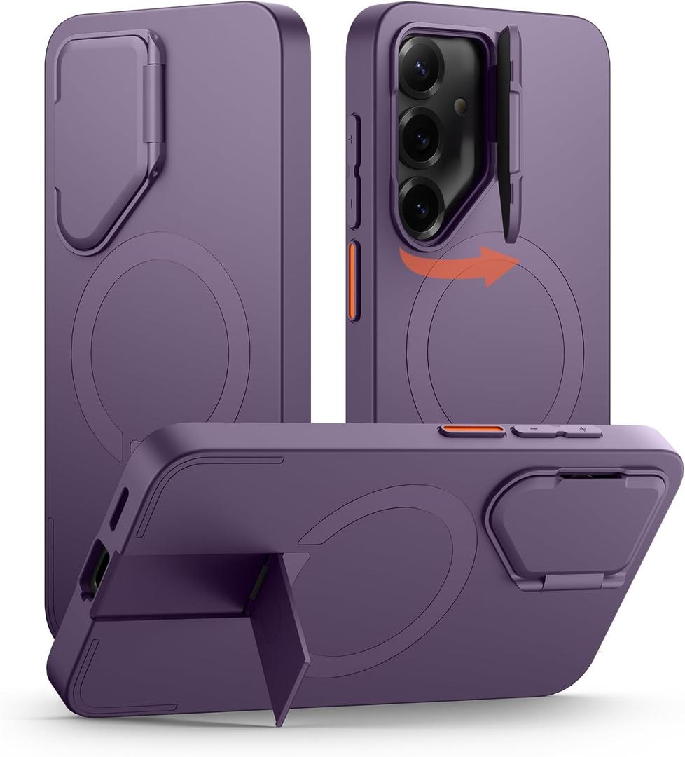 SURITCH for Samsung Galaxy S25 Phone Case, Magnetic Shockproof Bumper Case Slim Protective Cover with Camera Cover & Adjustable Metal Kickstand for Galaxy S25 (2025), Dark Purple