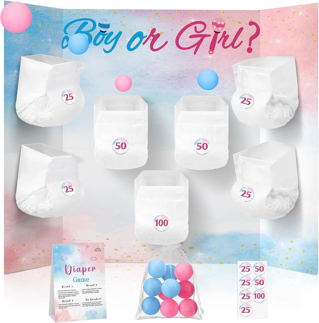 Ctosree 31 Pieces Gender Reveal Baby Shower Diaper Game 1 Diaper Baby Shower Game Board 7 Diapers 10 Plastic Balls 1 Organza Bag for Bridal Games Boy Girl