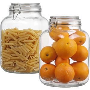 novelinks 2 Pack 1 Gallon Square Super Wide Mouth Glass Storage Jars with Airtight Glass Lids, Mason Jars with Stainless Steel Handle, Clear Glass Storage Container for Fermenting, Pickling, Canning