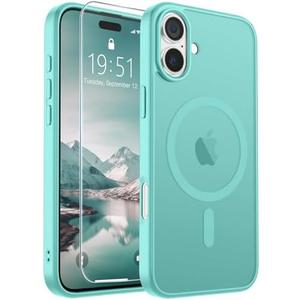 SUPFINE Magnetic for iPhone 16 Case (Compatible with MagSafe) (Military Grade Drop Protection) Slim Translucent Matte Shockproof with Anti-Fingerprint Phone Case, Blue Green