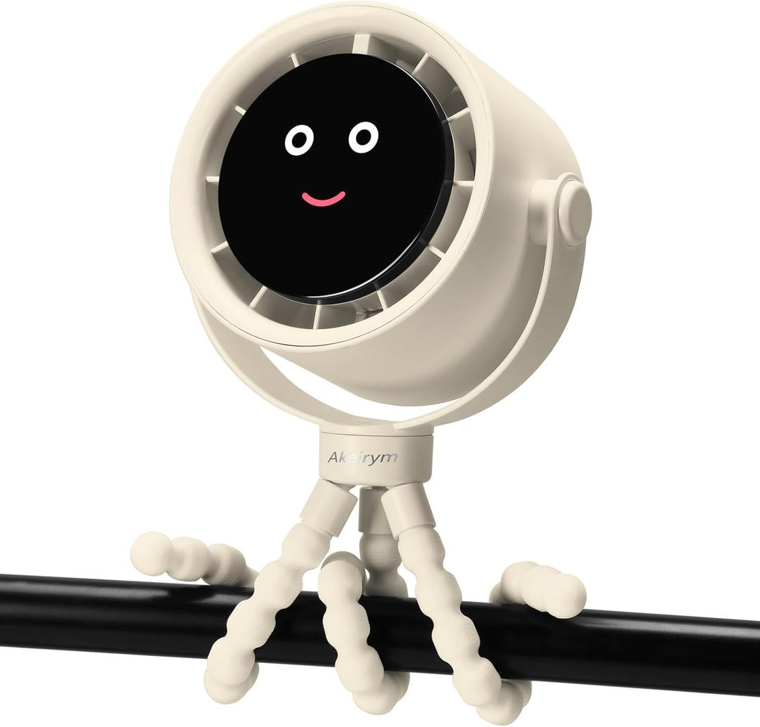 Stroller Fan Portable, Personal Fan for Travel, Digital display, Detachable 5 Speeds Rechargeable 360 Rotate Flexible Tripod Fan, For Home Office Stroller Camping - Rice White
