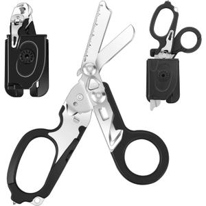 6 in 1 Multi-function Foldable Trauma Shears with Compatible Holster, Outdoor Camping Emergency Tools Emergency Response Scissors with Strap Cutter and Glass Breaker (Black)