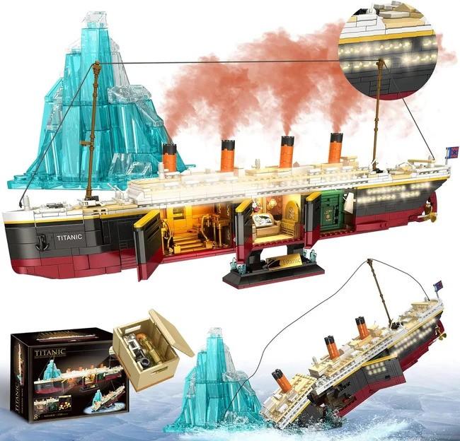 Tokmoc Titanic Building Set, 2288 Pcs Titanic Big Ship Model Block Set with Glacier and Glowing Light Strip, Giant Ship Building Model Set for Adults and Kids (Black)