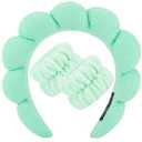 2 x Zkptops Spa Headband for Washing Face Wristband Set Sponge Makeup Skincare Headband Wrist Towels Bubble Soft Hairband for Women Puffy Headwear Winter Non Slip Thick Thin Hair Accessory(Light Green-3)