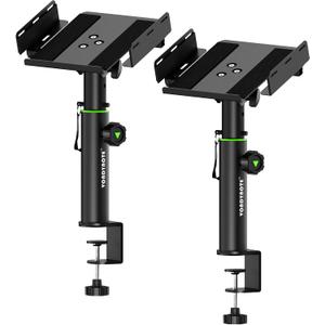 Set of 2 Dual Side Clamping Studio Monitor Stands Desk Clamp Speaker Stands 0-12Tilt Height Adjustable Extendable Top Plate Mounted by Screws